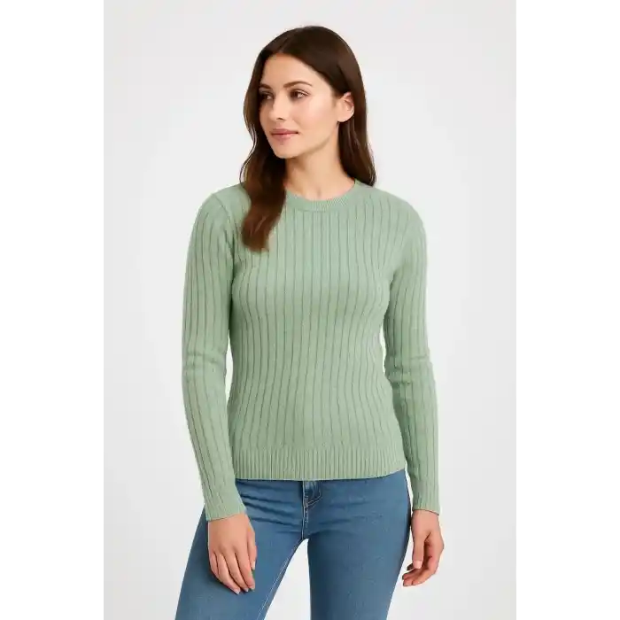 Erkek Bisiklet Yuvarlak Yaka Triko Kazak Pamuklu Kalın Fitilli Dokuma, Regular Fit Uzun Kollu Kışlık Model - Mint Yeşili