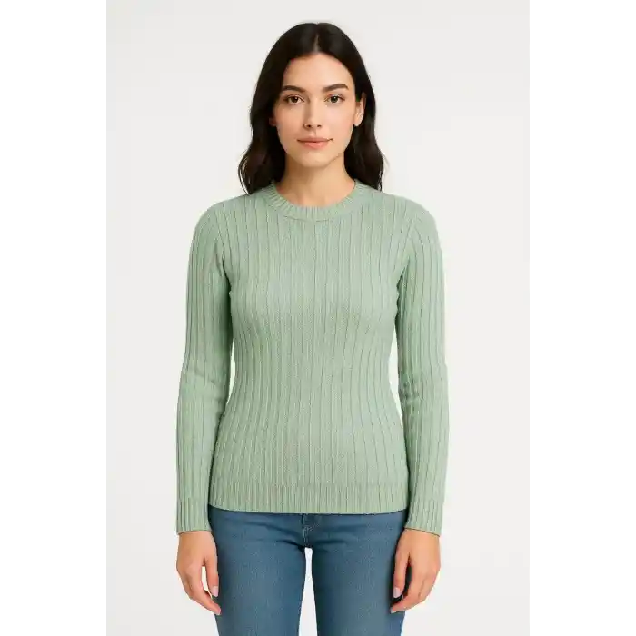 Erkek Bisiklet Yuvarlak Yaka Triko Kazak Pamuklu Kalın Fitilli Dokuma, Regular Fit Uzun Kollu Kışlık Model - Mint Yeşili