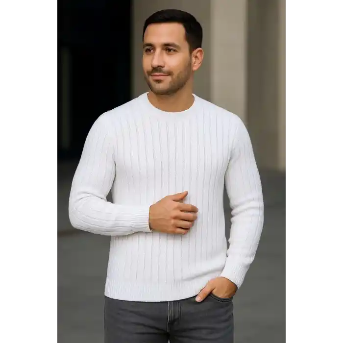 Erkek Bisiklet Yuvarlak Yaka Triko Kazak Pamuklu Kalın Fitilli Dokuma, Regular Fit Uzun Kollu Kışlık Model - Beyaz