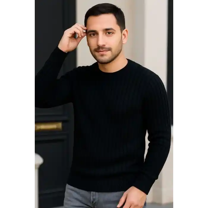 Erkek Bisiklet Yuvarlak Yaka Triko Kazak Pamuklu Kalın Fitilli Dokuma, Regular Fit Uzun Kollu Kışlık Model - Siyah