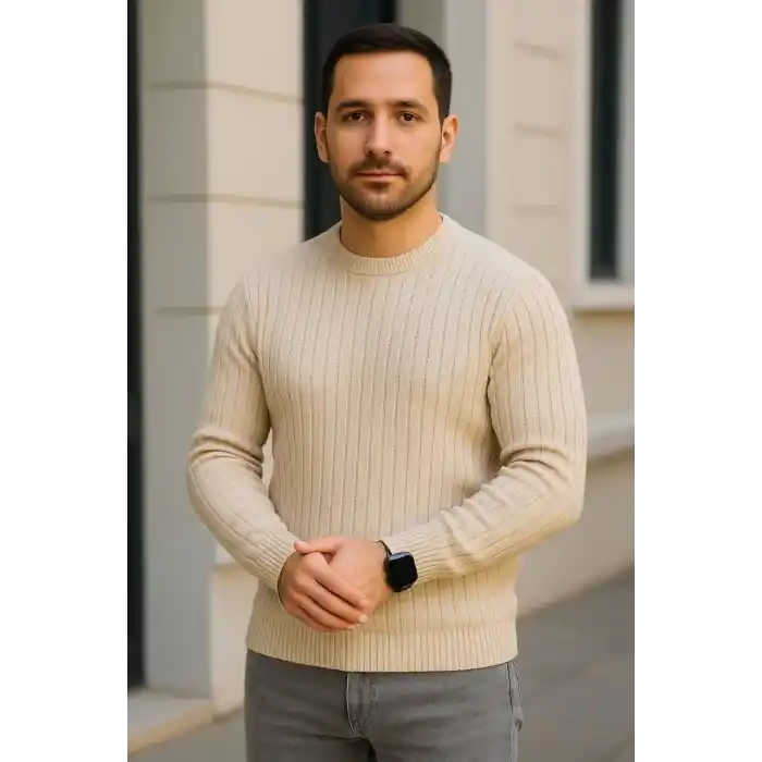 Erkek Bisiklet Yuvarlak Yaka Triko Kazak Pamuklu Kalın Fitilli Dokuma, Regular Fit Uzun Kollu Kışlık Model - Bej