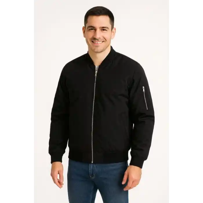Erkek Bomber Mont Ceket – Fermuarlı, Kapitone İçi Astarlı, Su İtici Kumaş, Regular Fit, Uzun Kollu, Yandan Cepli, Bahar & Kış Rahat Günlük Stil - Siyah