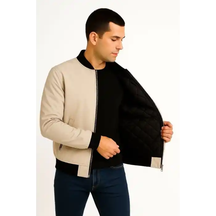 Erkek Bomber Mont Ceket – Fermuarlı, Kapitone İçi Astarlı, Su İtici Kumaş, Regular Fit, Uzun Kollu, Yandan Cepli, Bahar & Kış Rahat Günlük Stil - Bej