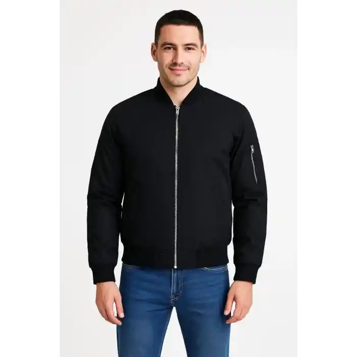 Erkek Bomber Mont Ceket – Fermuarlı, Kapitone İçi Astarlı, Su İtici Kumaş, Regular Fit, Uzun Kollu, Yandan Cepli, Bahar & Kış Rahat Günlük Stil - Siyah