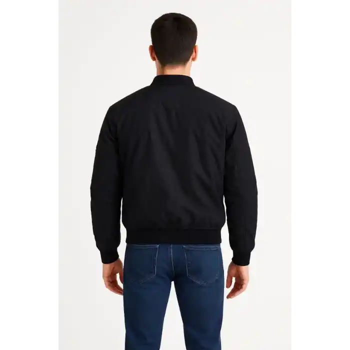 Erkek Bomber Mont Ceket – Fermuarlı, Kapitone İçi Astarlı, Su İtici Kumaş, Regular Fit, Uzun Kollu, Yandan Cepli, Bahar & Kış Rahat Günlük Stil - Siyah