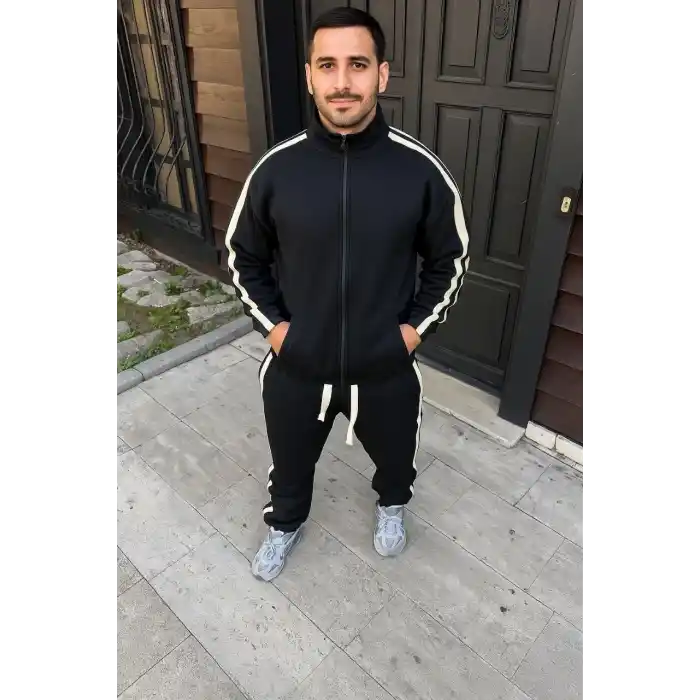 Erkek Çift Şeritli Eşofman Takım Dik Yaka Fermuarlı Sweatshirt Boru Paça Alt, Oversize 3 iplik Pamuklu - Siyah