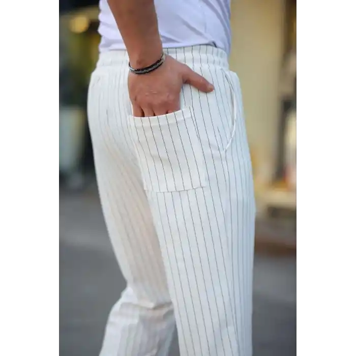 Erkek Cizgili Dokuma Krep Jogger Buggy Pantalon Rahat kalıp - Beyaz