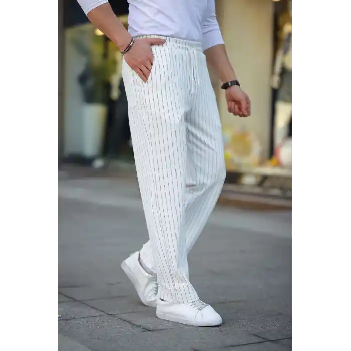 Erkek Cizgili Dokuma Krep Jogger Buggy Pantalon Rahat kalıp - Beyaz