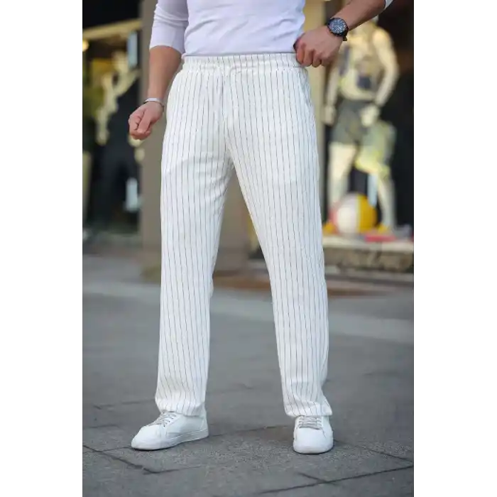 Erkek Cizgili Dokuma Krep Jogger Buggy Pantalon Rahat kalıp - Beyaz
