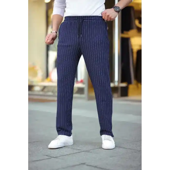 Erkek Cizgili Dokuma Krep Jogger Buggy Pantalon Rahat kalıp - Lacivert