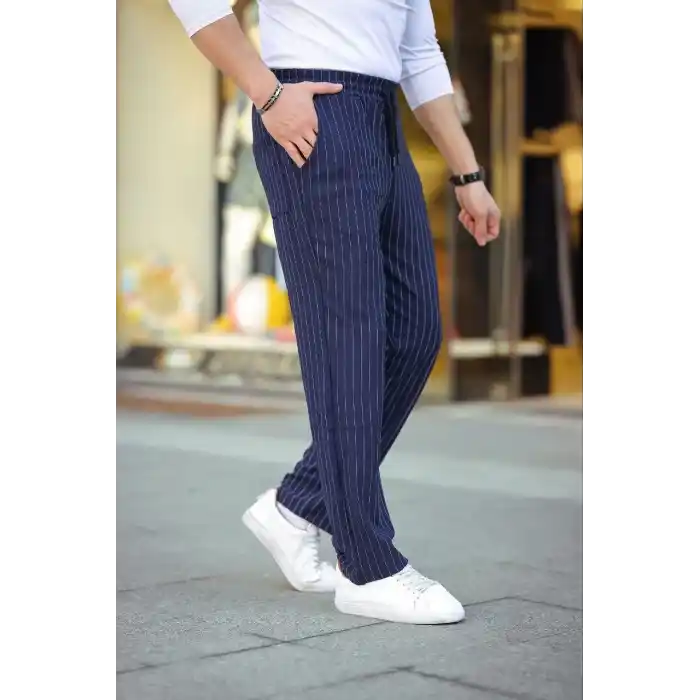 Erkek Cizgili Dokuma Krep Jogger Buggy Pantalon Rahat kalıp - Lacivert