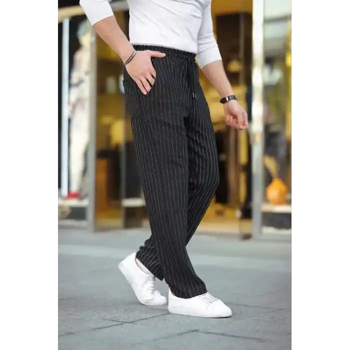 Erkek Cizgili Dokuma Krep Jogger Buggy Pantalon Rahat kalıp - Siyah