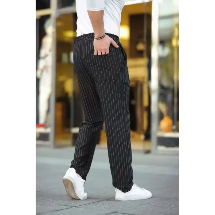 Erkek Cizgili Dokuma Krep Jogger Buggy Pantalon Rahat kalıp - Siyah