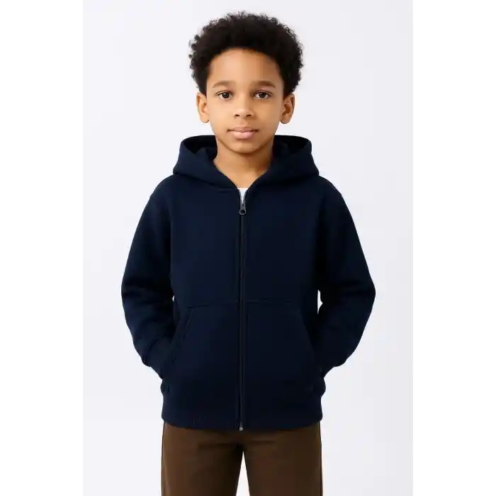 Erkek Çocuk Kapüşonlu Kanguru Çepli Tam Fermuarlı Hırka SweatShirt - Lacivert