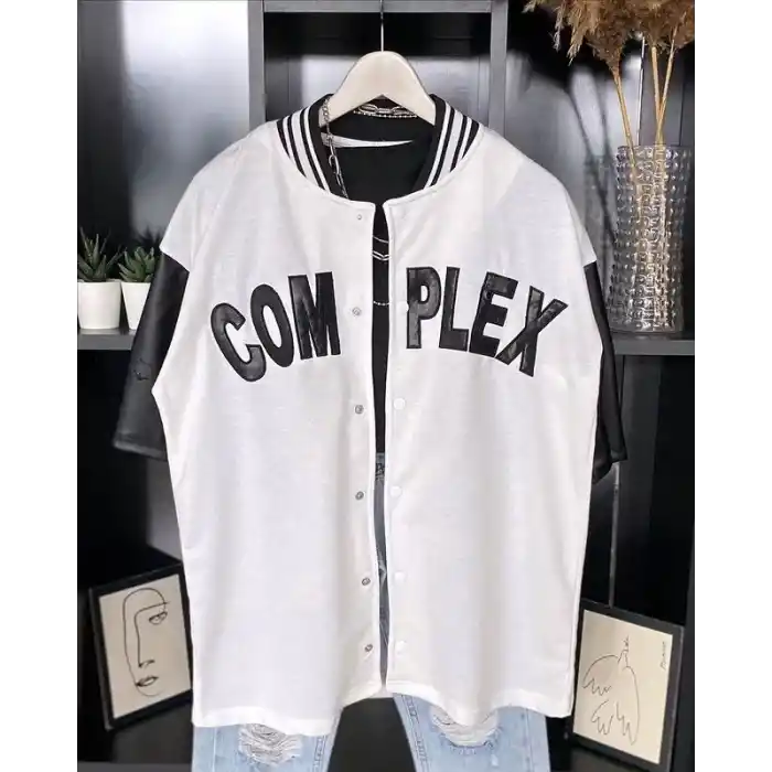 Erkek Complex Kolları Deri Kolej Oversize T-Shirt - Beyaz