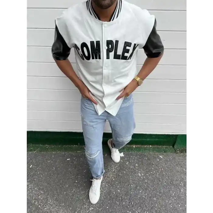 Erkek Complex Kolları Deri Kolej Oversize T-Shirt - Beyaz