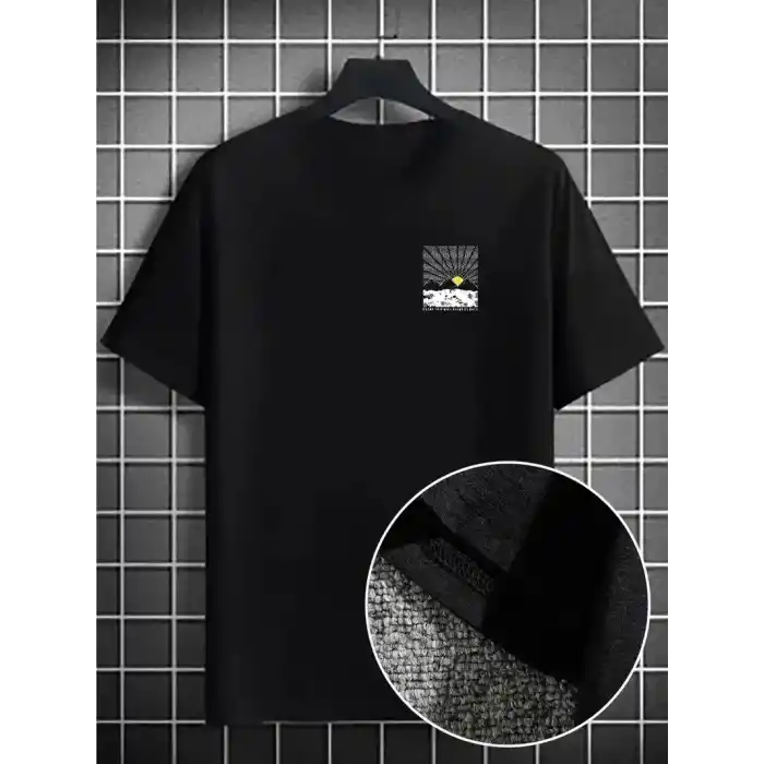 Erkek Dağ Grafikli Tişört, Yaz için Büyük Beden Rahat T-shirt - Siyah