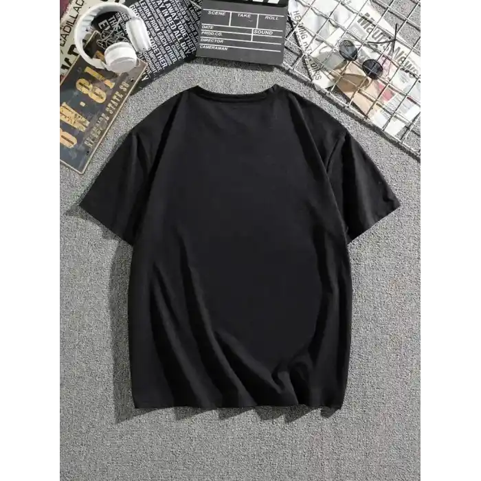 Erkek Dağ Grafikli Tişört, Yaz için Büyük Beden Rahat T-shirt - Siyah