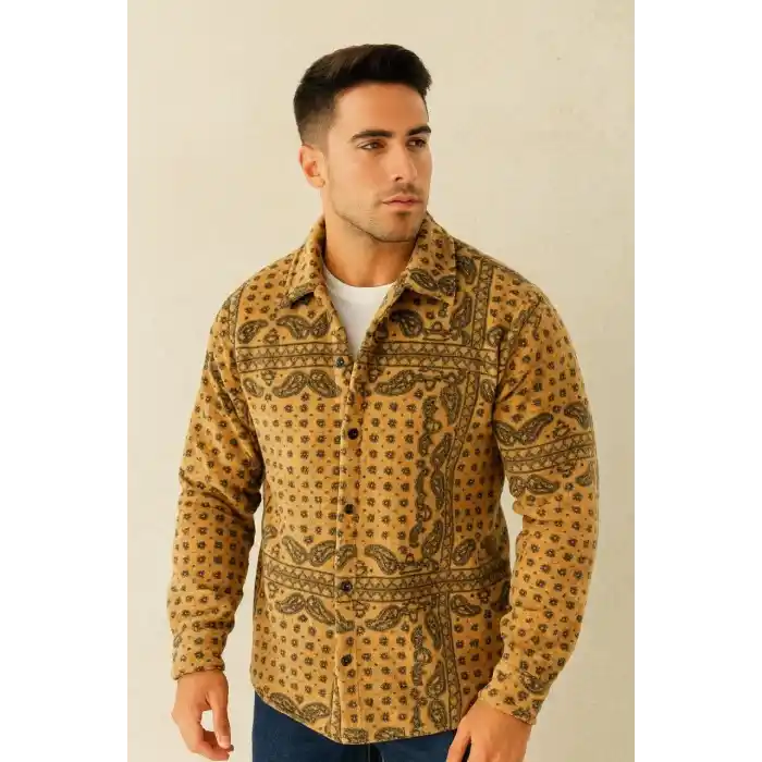 Erkek Desenli Düğmeli Polar Gömlek – Hardal Paisley Desen Yakalı, Uzun Kollu, Oversize Rahat Kalıp - Sarı