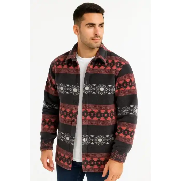 Erkek Desenli Polar Gömlek – Etnik Şerit Desen Yakalı, Uzun Kollu, Düğmeli, Oversize Rahat Kalıp - Füme