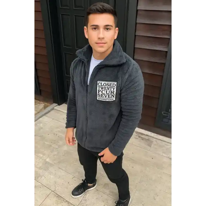 Erkek Desenli Polar Gömlek – Etnik Şerit Desen Yakalı, Uzun Kollu, Düğmeli, Oversize Rahat Kalıp - Füme