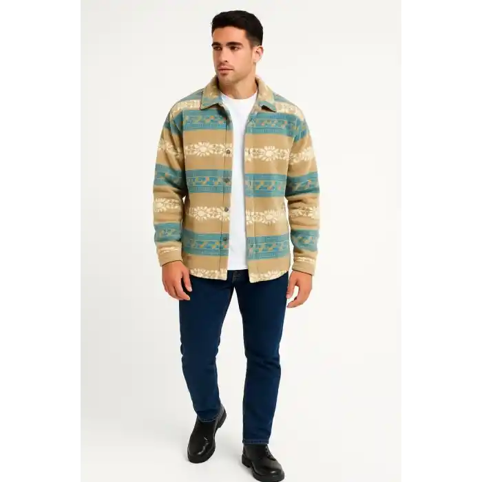 Erkek Desenli Polar Gömlek – Etnik Şerit Desen Yakalı, Uzun Kollu, Düğmeli, Oversize Rahat Kalıp - Sarı