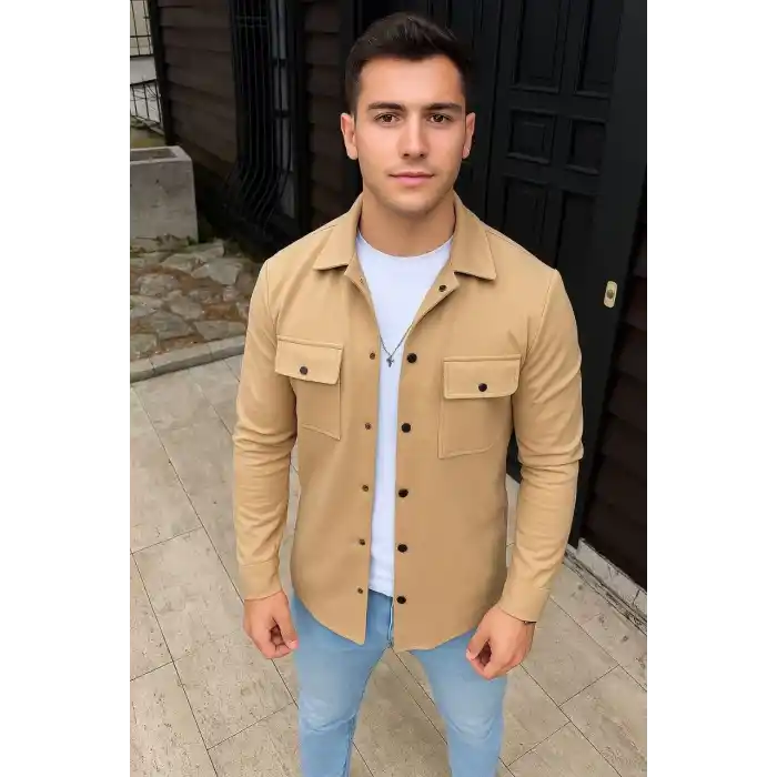 Erkek Diagonal Kumaş Cepli Çıtçıtlı uzun Kollu, Gömlek Oversize Rahat Kalıp Günlük Şık Stil - Bej