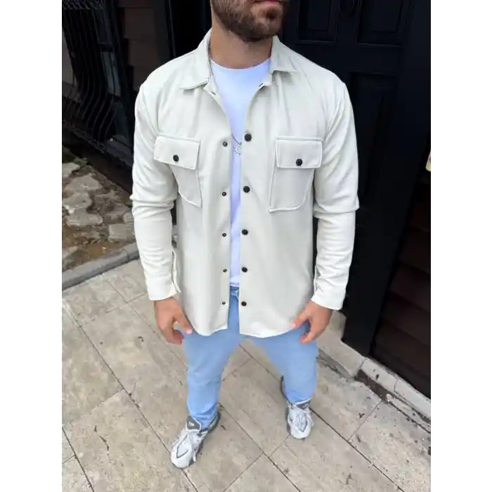 Erkek Diagonal Kumaş Cepli Çıtçıtlı uzun Kollu, Gömlek Oversize Rahat Kalıp Günlük Şık Stil - Beyaz