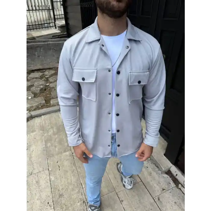 Erkek Diagonal Kumaş Cepli Çıtçıtlı uzun Kollu, Gömlek Oversize Rahat Kalıp Günlük Şık Stil - Gri