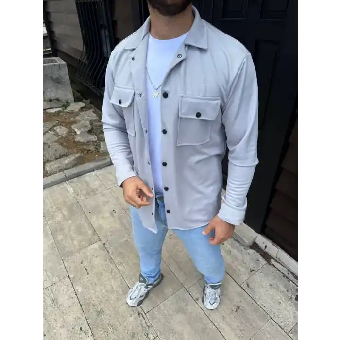 Erkek Diagonal Kumaş Cepli Çıtçıtlı uzun Kollu, Gömlek Oversize Rahat Kalıp Günlük Şık Stil - Gri
