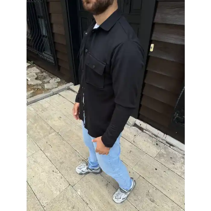 Erkek Diagonal Kumaş Cepli Çıtçıtlı uzun Kollu, Gömlek Oversize Rahat Kalıp Günlük Şık Stil - Siyah