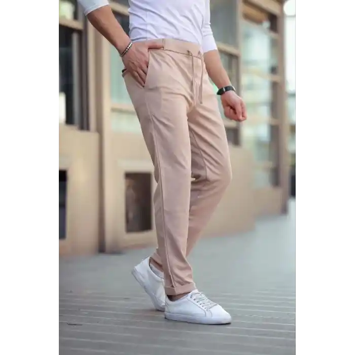 Erkek Diagonel Mikro dokulu Cepli Beli Lastilki Pantolon - Kahverengi