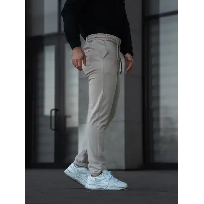 Erkek Diagonel Mikro dokulu Cepli Pantolon - Bej