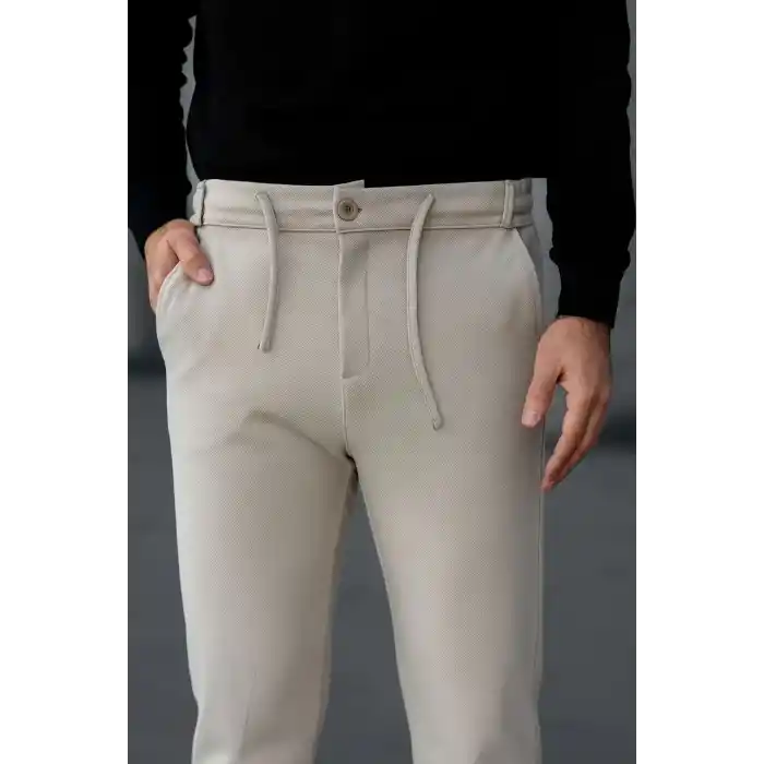 Erkek Diagonel Mikro dokulu Cepli Pantolon - Bej