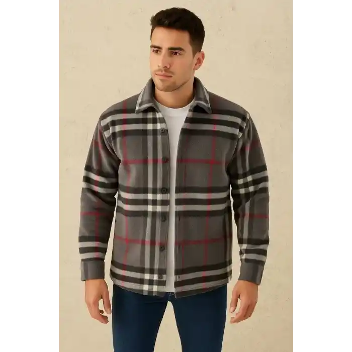 Erkek Ekose Desenli Düğmeli Polar Yakalı Uzun Kollu Gömlek Oversize Rahat Kalıp - Füme