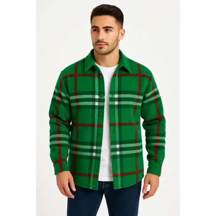 Erkek Ekose Desenli Düğmeli Polar Yakalı Uzun Kollu Gömlek Oversize Rahat Kalıp - Yeşil
