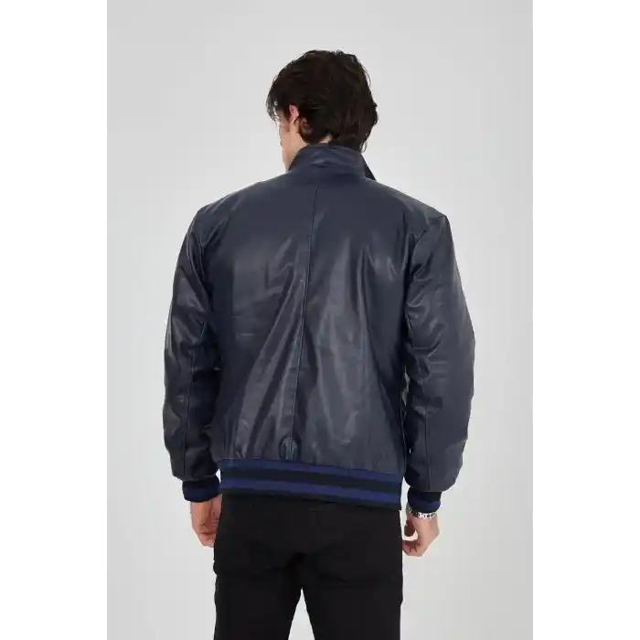 Erkek Fermuarlı İçten Elyaf ve Astarlı Suni Deri Ceket - Lacivert