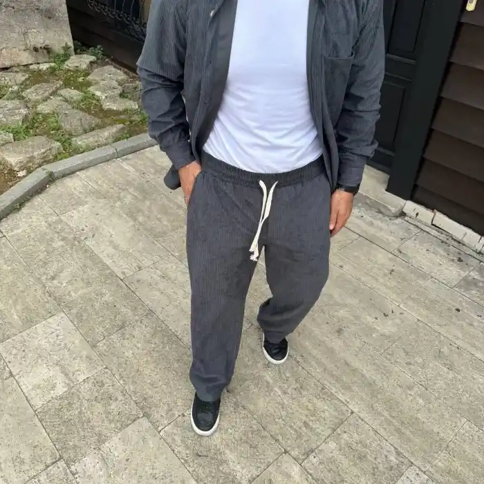 Erkek Fitilli Kadife Cepli Buggy Pantolon Oversize Rahat Kalıp - Füme