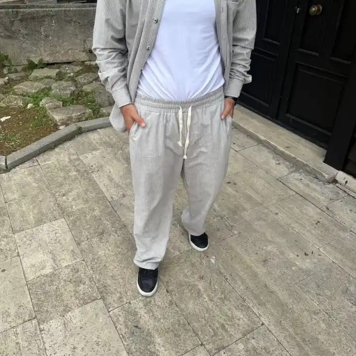 Erkek Fitilli Kadife Cepli Buggy Pantolon Oversize Rahat Kalıp - Gri