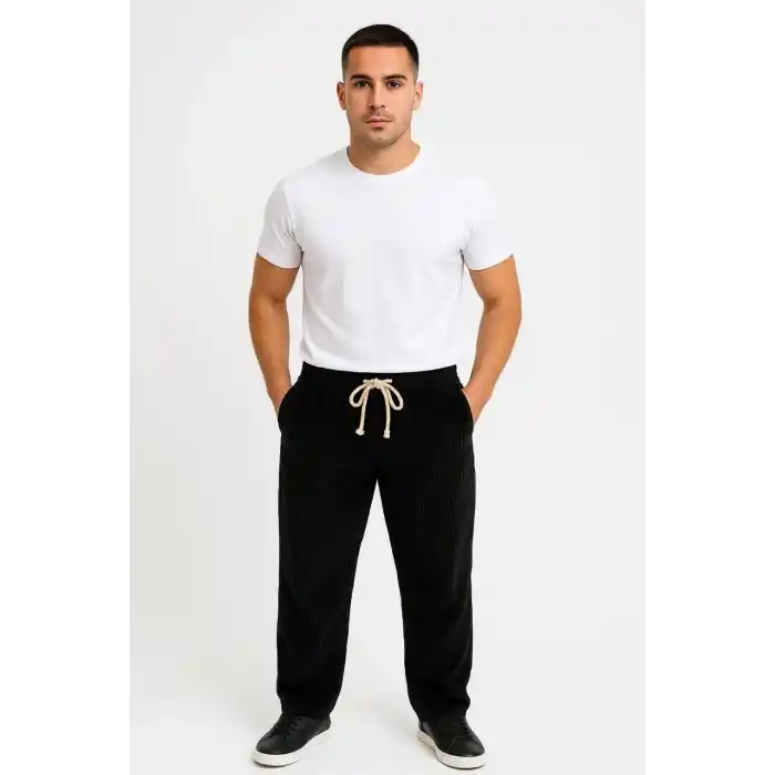 Erkek Fitilli Kadife Cepli Buggy Pantolon Oversize Rahat Kalıp - Siyah