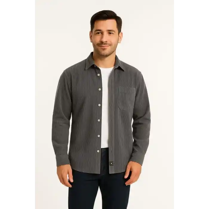Erkek Fitilli Kadife Cepli Gömlek Oversize Rahat Kalıp - Füme