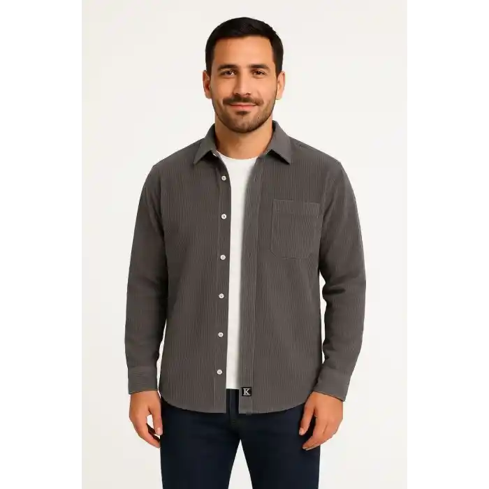Erkek Fitilli Kadife Cepli Gömlek Oversize Rahat Kalıp - Füme