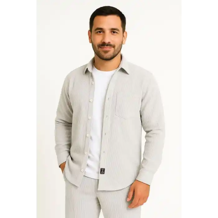 Erkek Fitilli Kadife Cepli Gömlek Oversize Rahat Kalıp - Gri