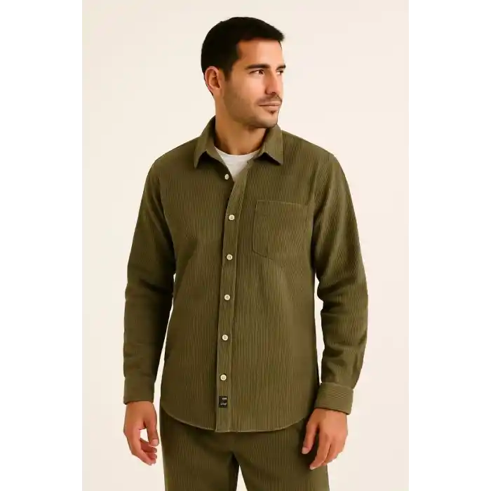Erkek Fitilli Kadife Cepli Gömlek Oversize Rahat Kalıp - Haki