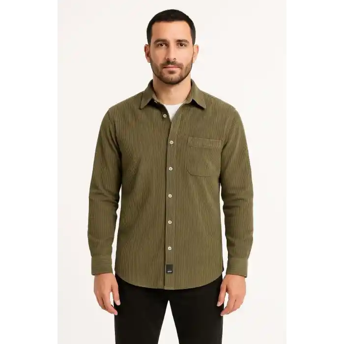 Erkek Fitilli Kadife Cepli Gömlek Oversize Rahat Kalıp - Haki