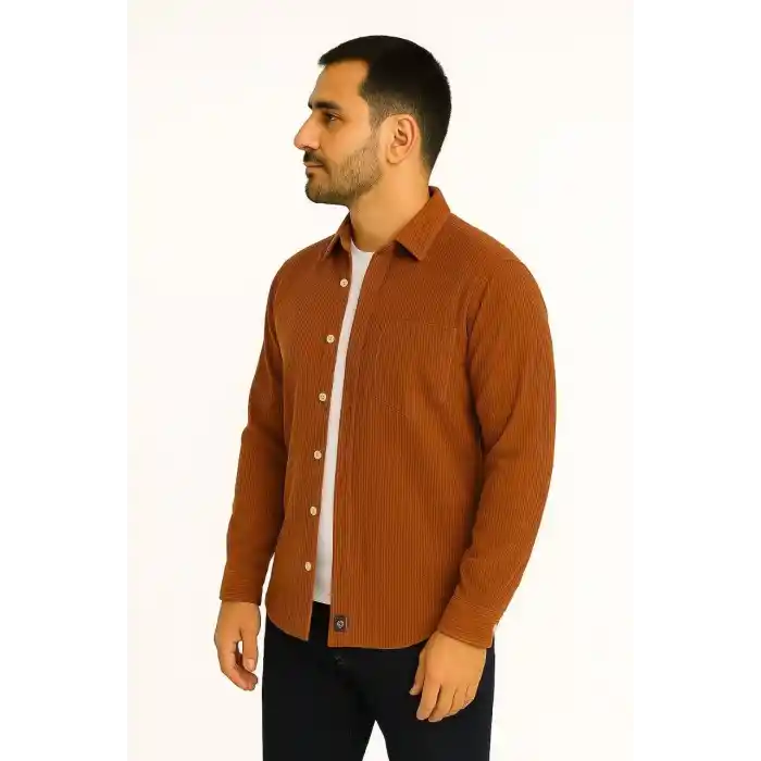 Erkek Fitilli Kadife Cepli Gömlek Oversize Rahat Kalıp - Kahverengi