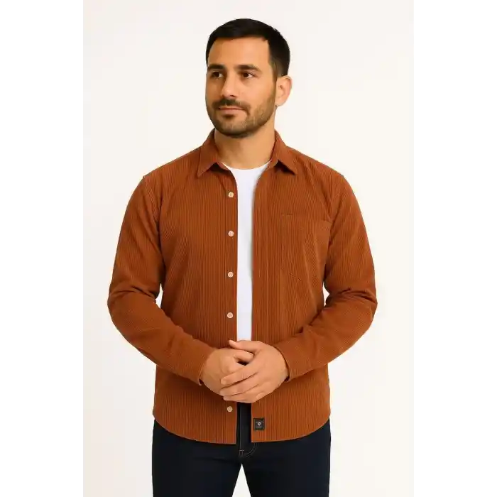 Erkek Fitilli Kadife Cepli Gömlek Oversize Rahat Kalıp - Kahverengi