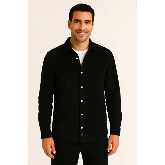 Erkek Fitilli Kadife Cepli Gömlek Oversize Rahat Kalıp - Siyah
