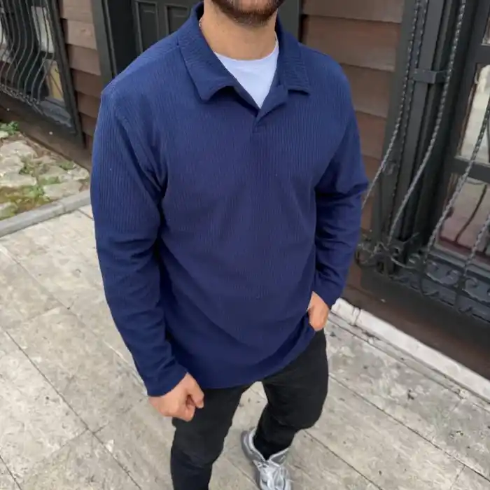 Erkek Fitilli Polar Sweatshirt – Düğmesiz Polo Yaka, Oversize Rahat Kalıp, Kalın Polar Kumaş, Kışlık ve Baharlık Şık Günlük Üst - Lacivert