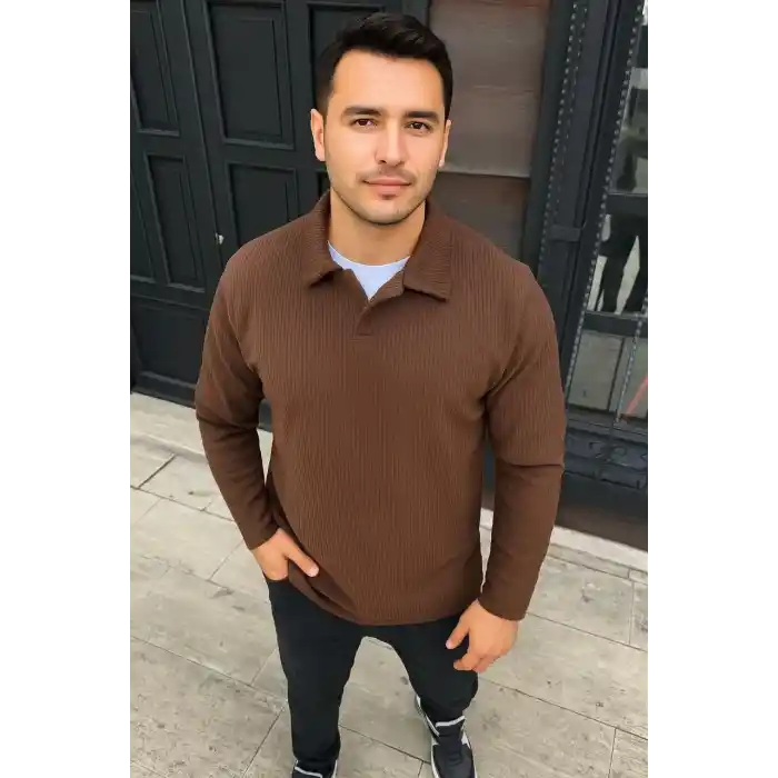 Erkek Fitilli Polar Sweatshirt – Düğmesiz Polo Yaka, Oversize Rahat Kalıp, Kalın Polar Kumaş, Kışlık ve Baharlık Şık Günlük Üst - Kahverengi